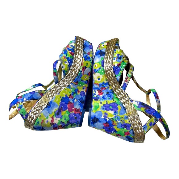 Poetic Licence Blue Silver "Arm Candy" Floral Watercolor Wedges Sandals size9.5” - Picture 7 of 10